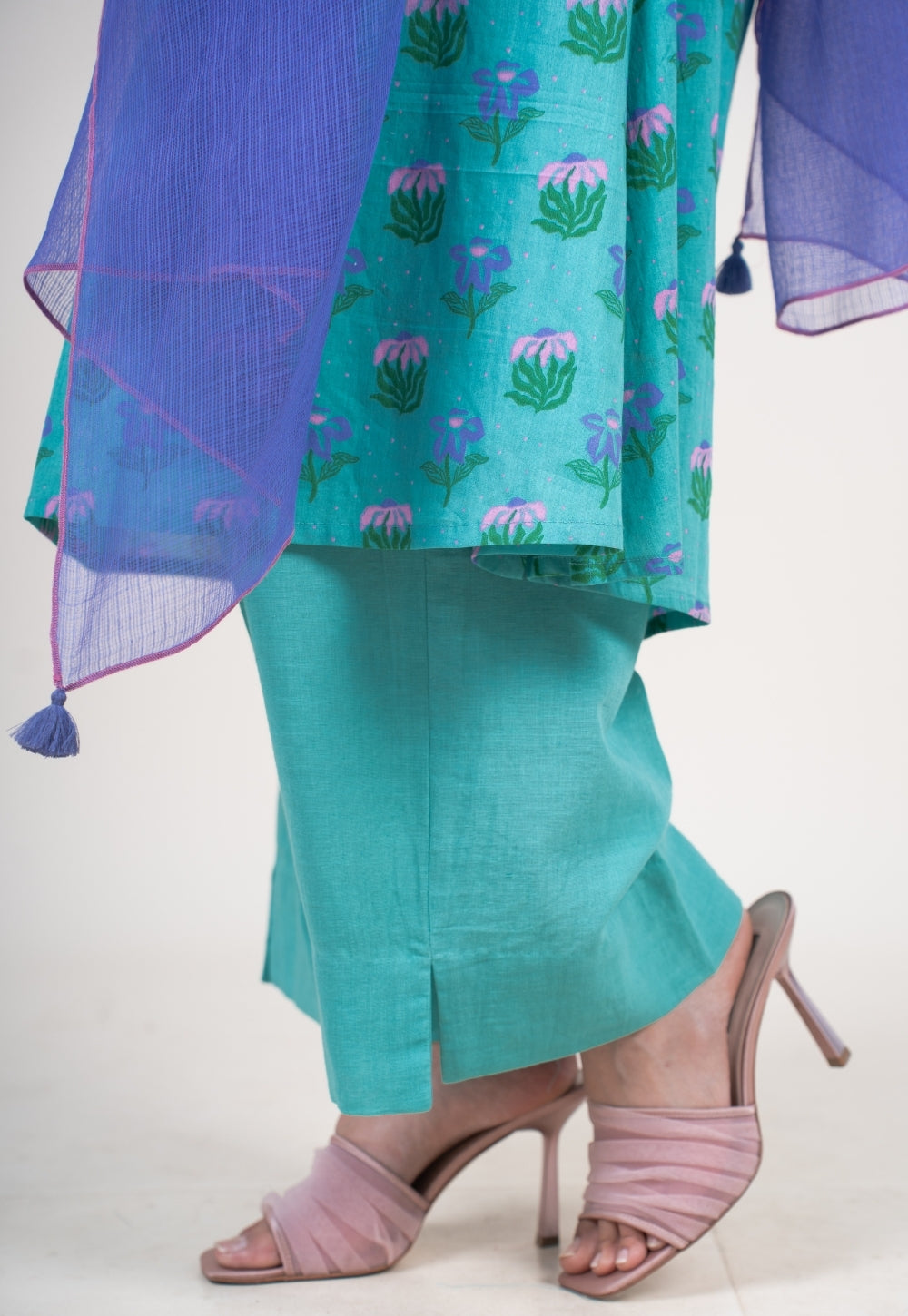 Yashi Teal Blue Solid Cotton Flex Straight Pant
