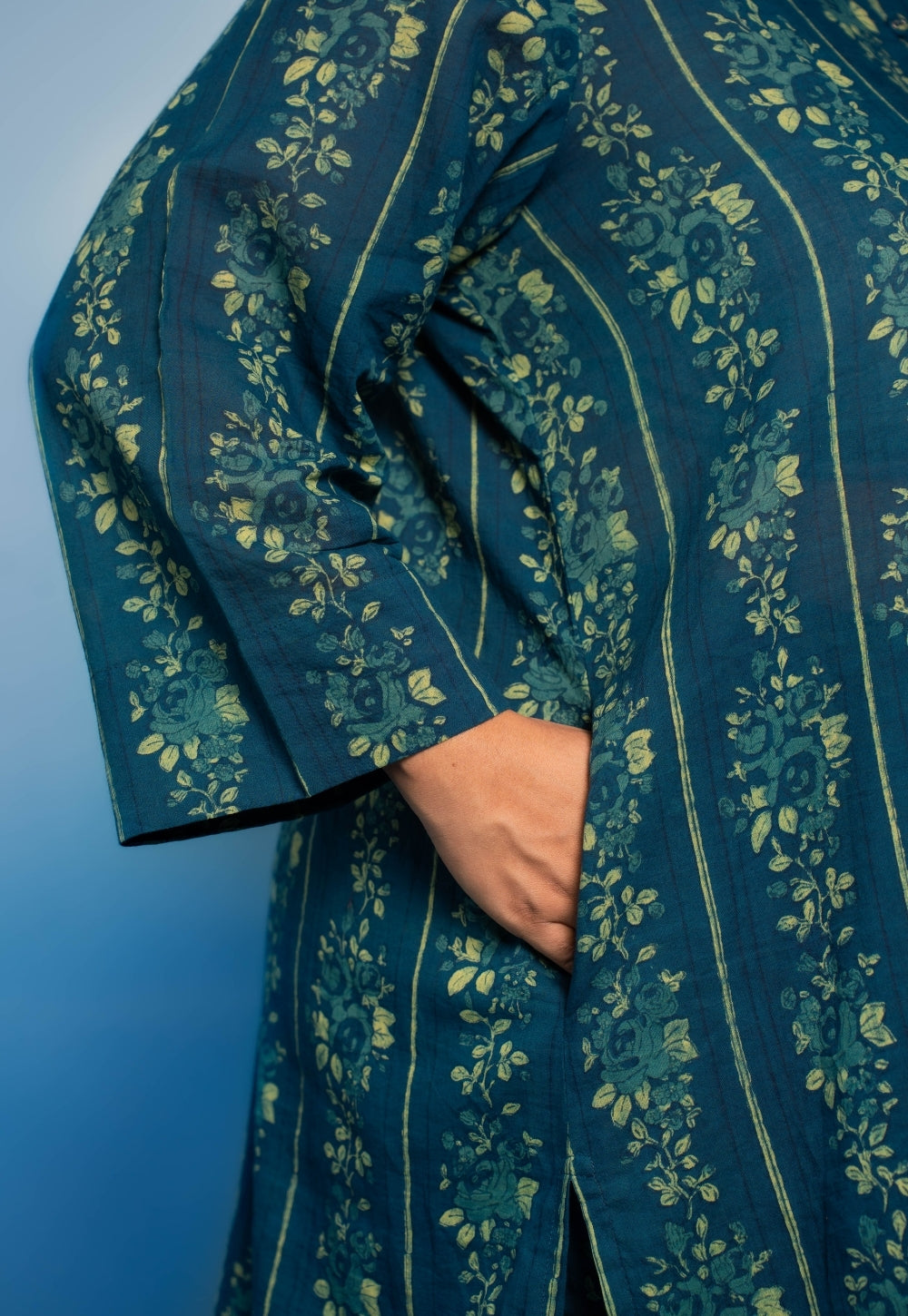 Harshi Teal Blue Dabu Mul Cotton Straight Co-Ord Set