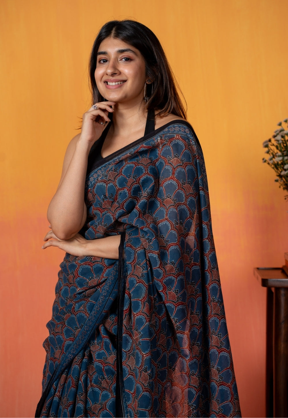 Blue Floral Jaal Ajrakh Hand Block Print Mul Saree