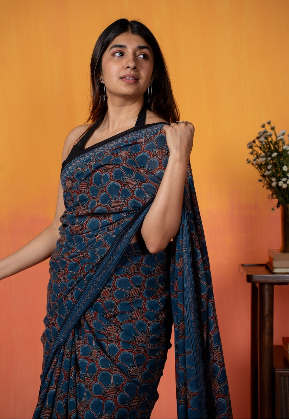 Blue Floral Jaal Ajrakh Hand Block Print Mul Saree