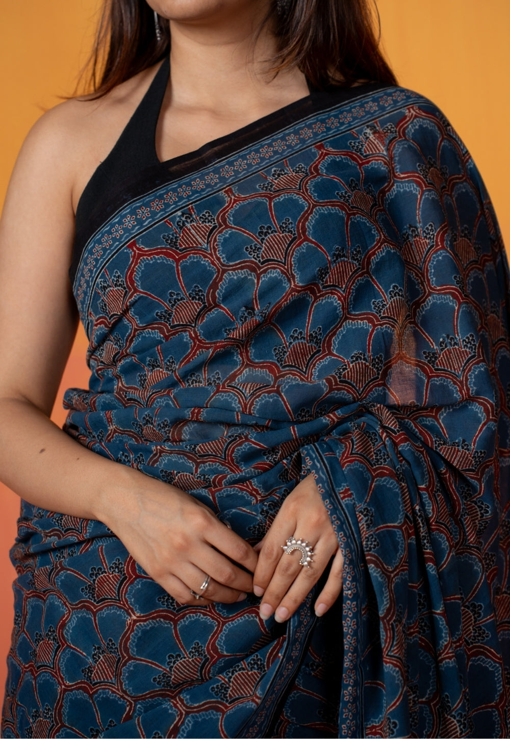 Blue Floral Jaal Ajrakh Hand Block Print Mul Saree