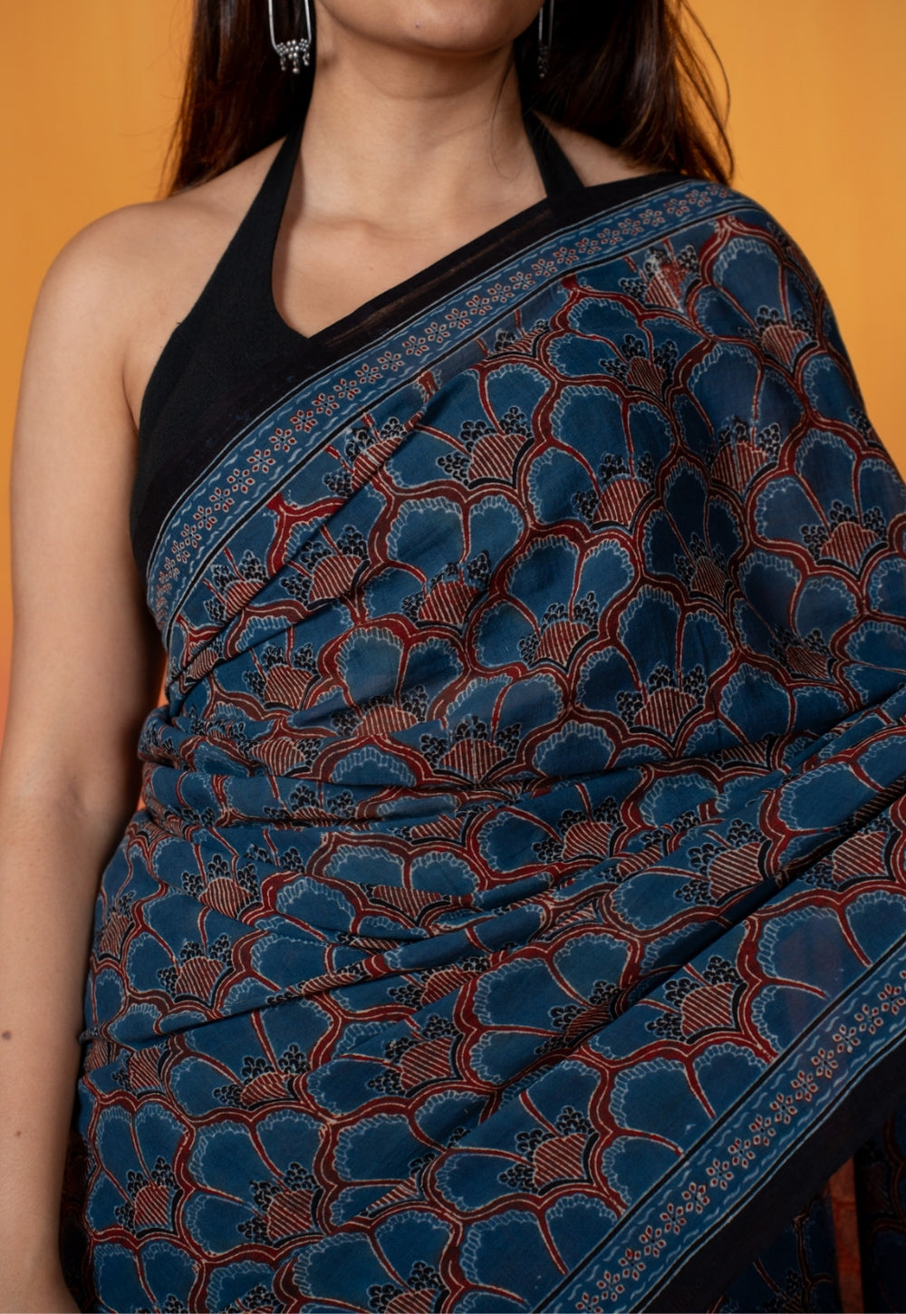 Blue Floral Jaal Ajrakh Hand Block Print Mul Saree