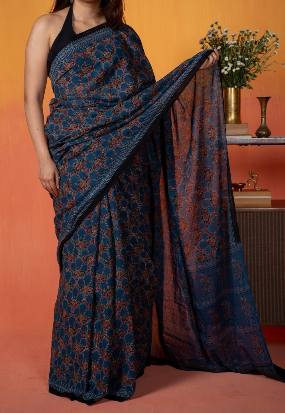 Blue Floral Jaal Ajrakh Hand Block Print Mul Saree