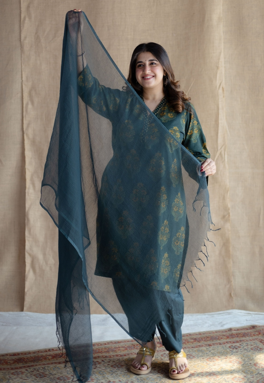 Green Solid Kota Doria Cotton Dupatta