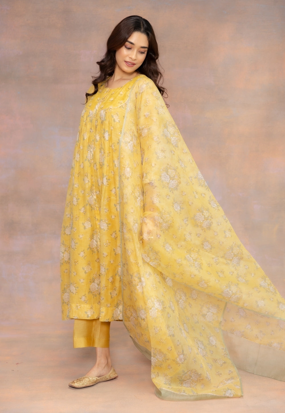 Rosa Yellow Sanganeri Kota Doria Silk Dupatta with Mukaish Embroidery