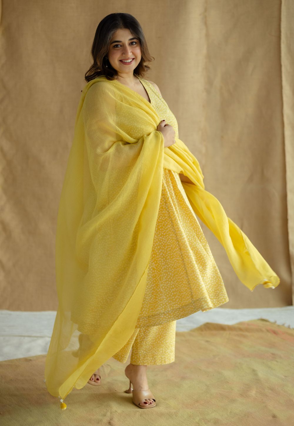 Aziza Mustard Hand Block Print Slub Cotton A Line Co-Ord Set