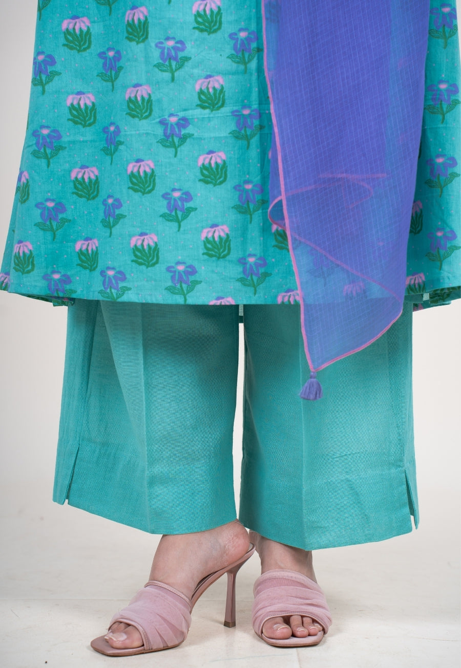 Yashi Teal Blue Solid Cotton Flex Straight Pant