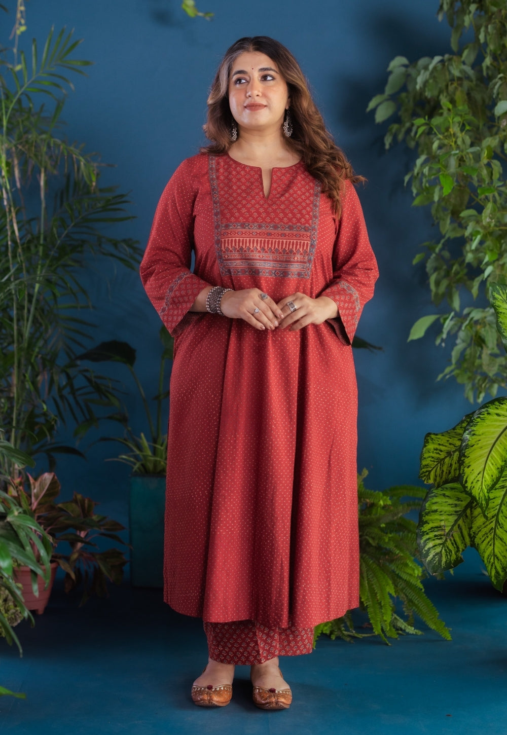 Fariha Red Ajrakh Cotton Kali Kurta with Hand Embroidery