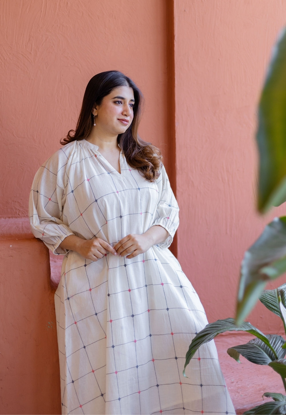 white indian cotton dress White Print Plunge Neckline Gown: Modern Indian Elegance USA S / White