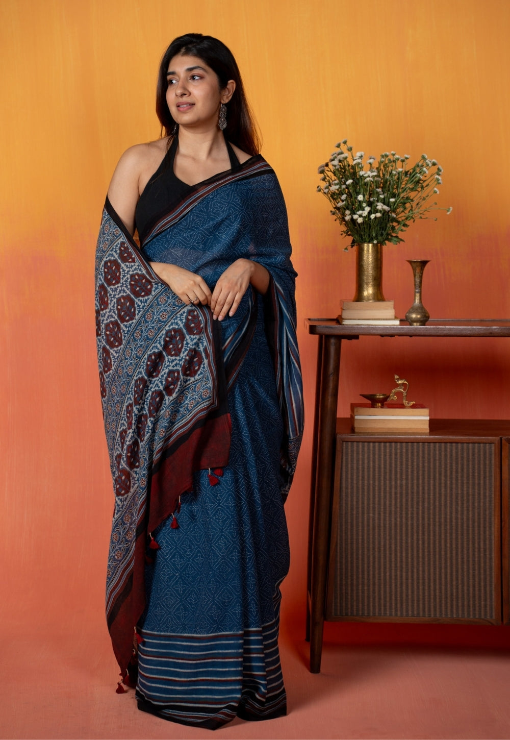 Blue Floral Ajrakh Hand Block Print Mul Saree