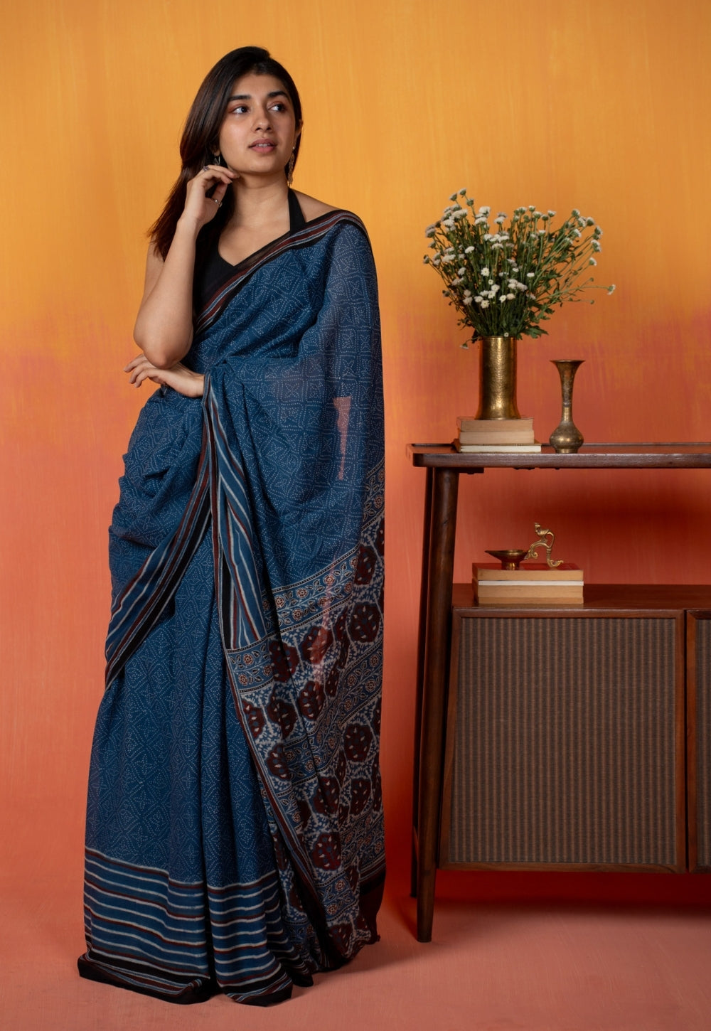 Blue Floral Ajrakh Hand Block Print Mul Saree