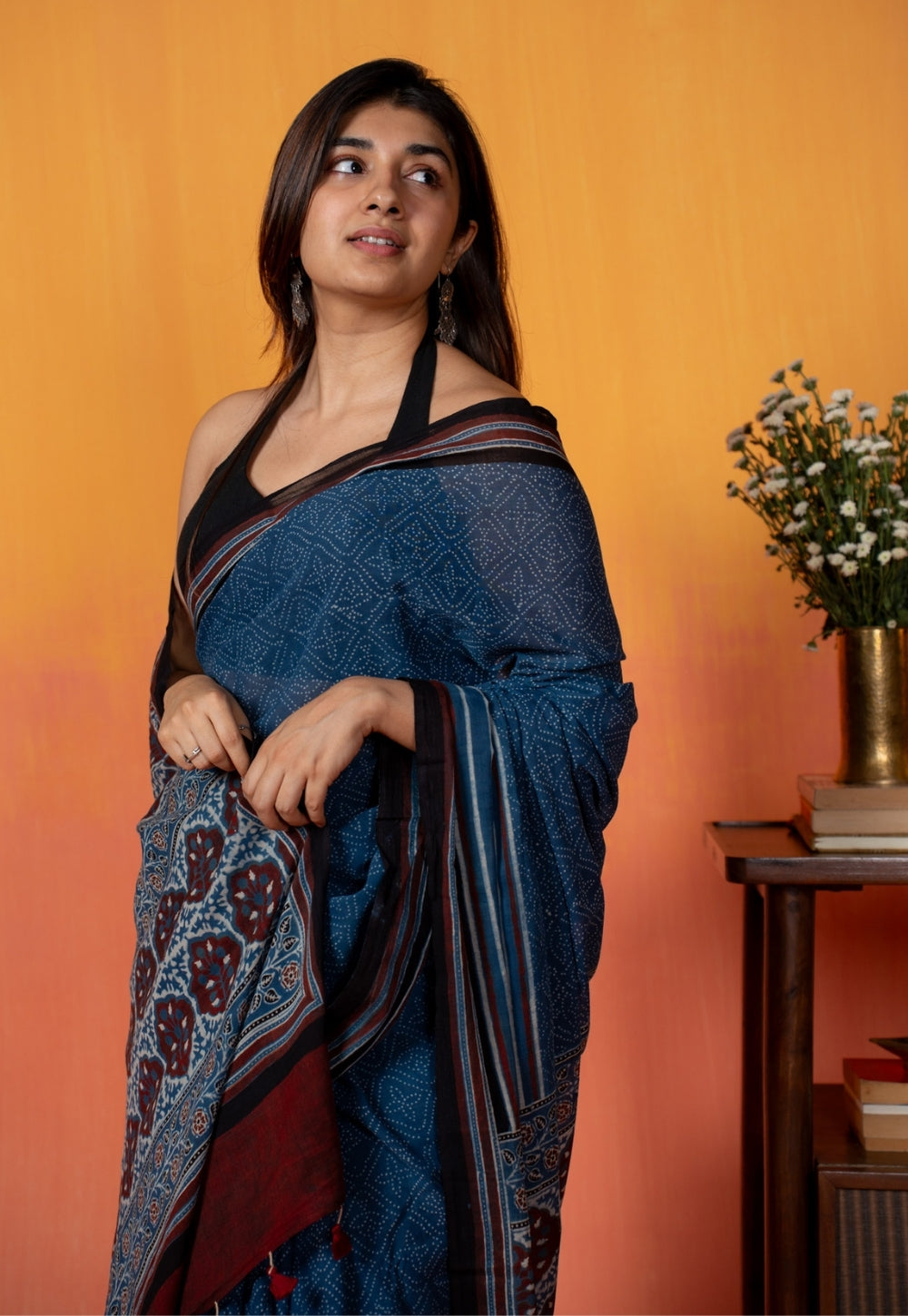 Blue Floral Ajrakh Hand Block Print Mul Saree