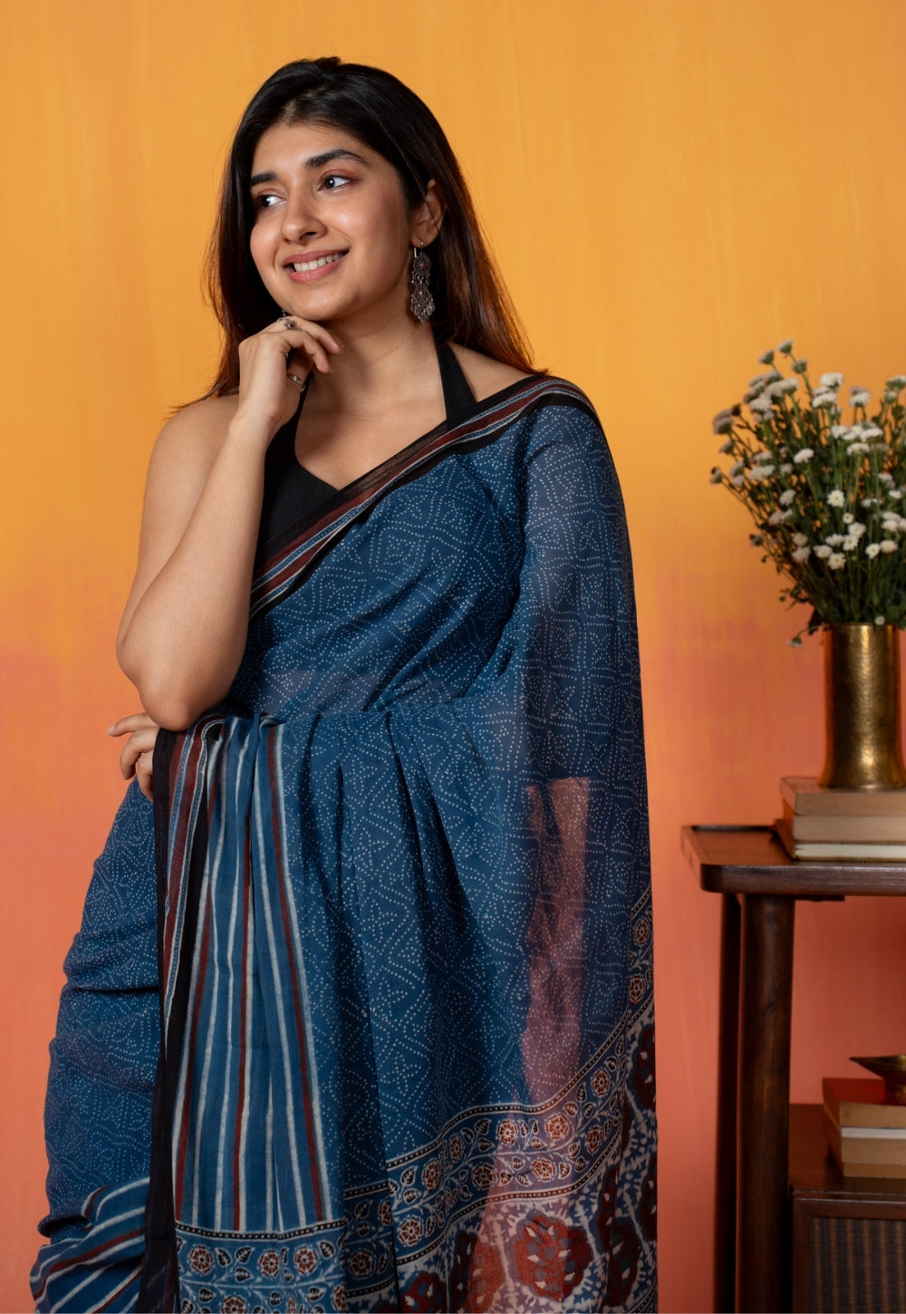 Blue Floral Ajrakh Hand Block Print Mul Saree