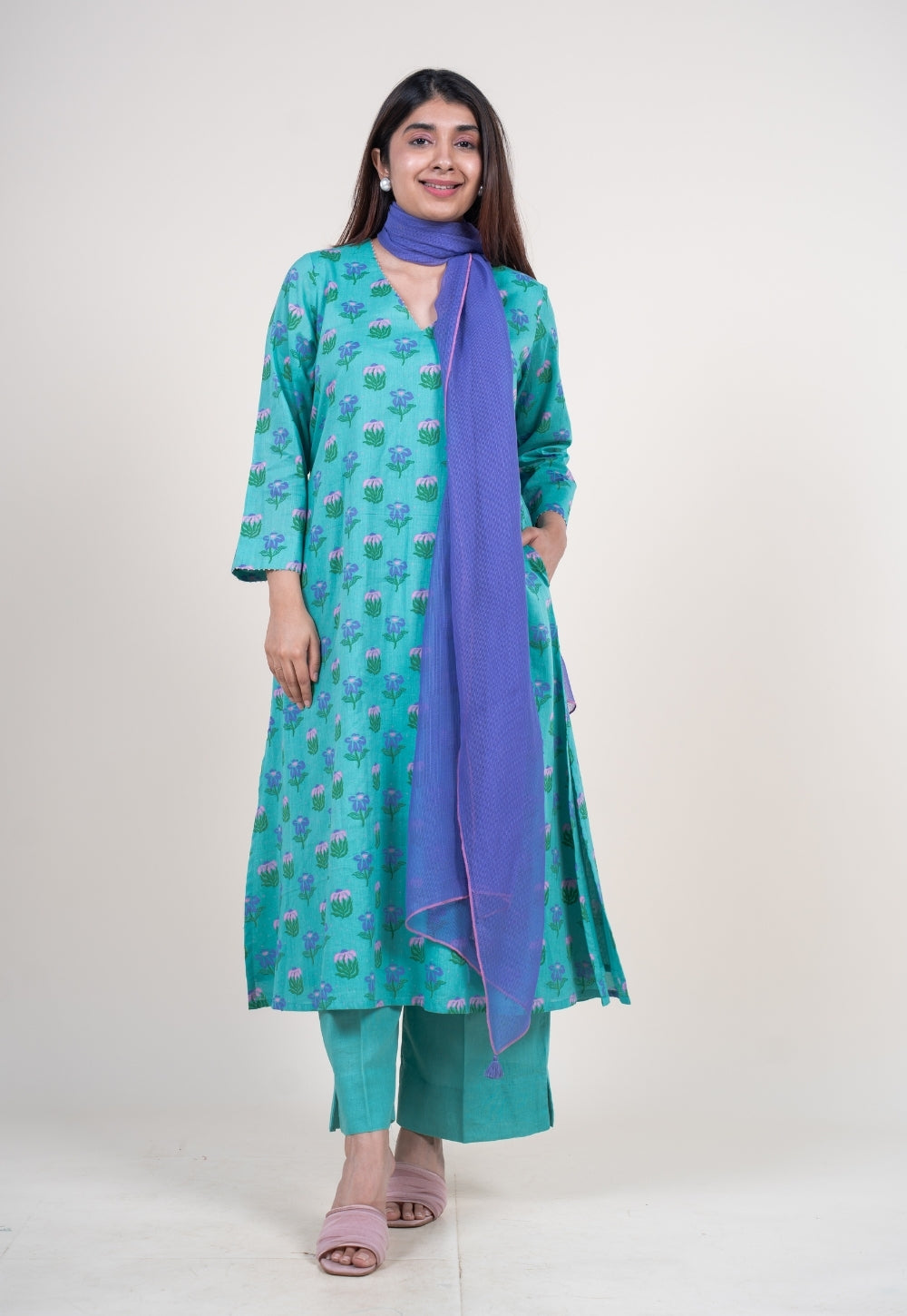 Bright Purple Solid Kota Doria Cotton Dupatta with Tassels