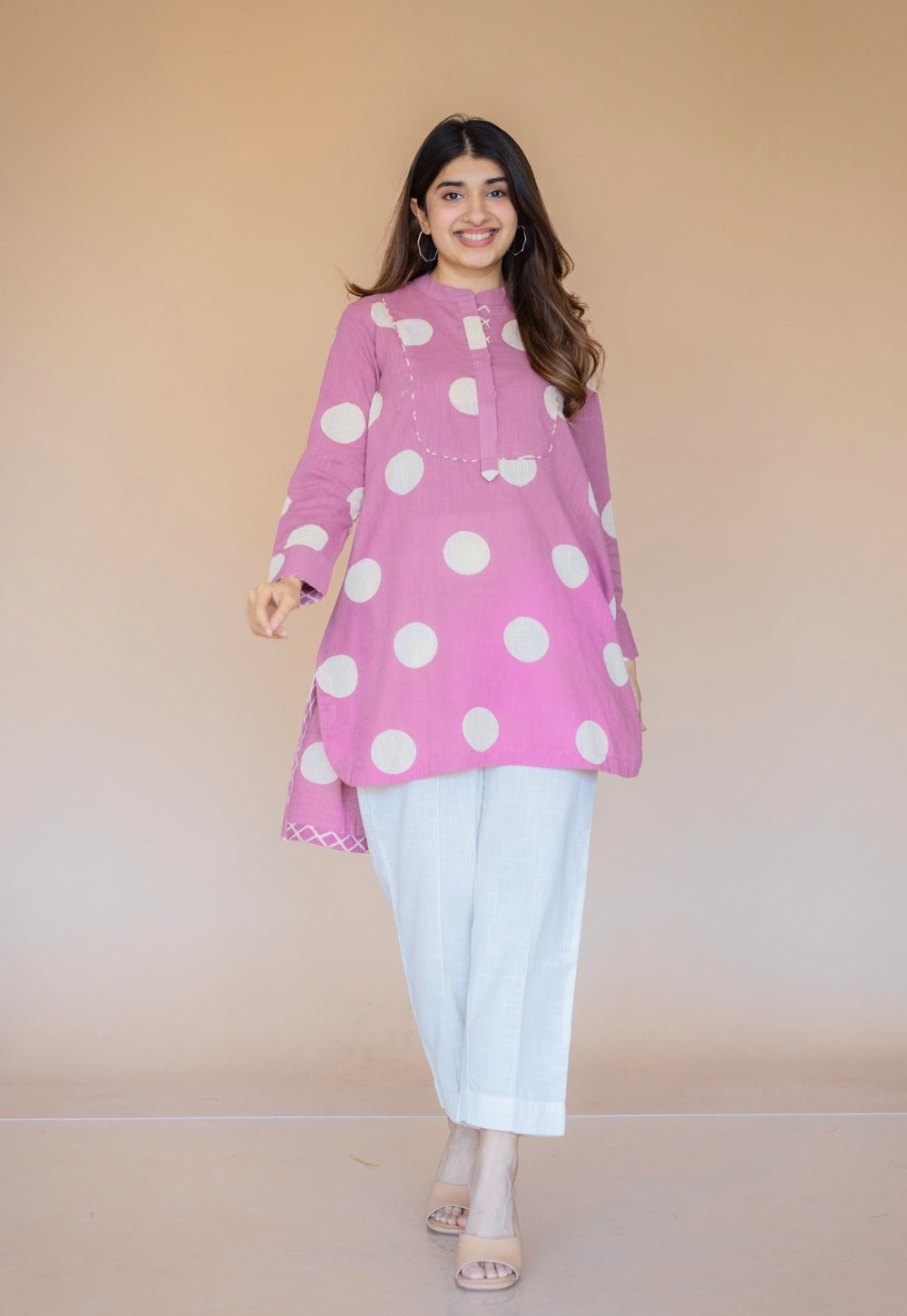 Naaz Pink Hand Block Print Slub Cotton A Line Short Top