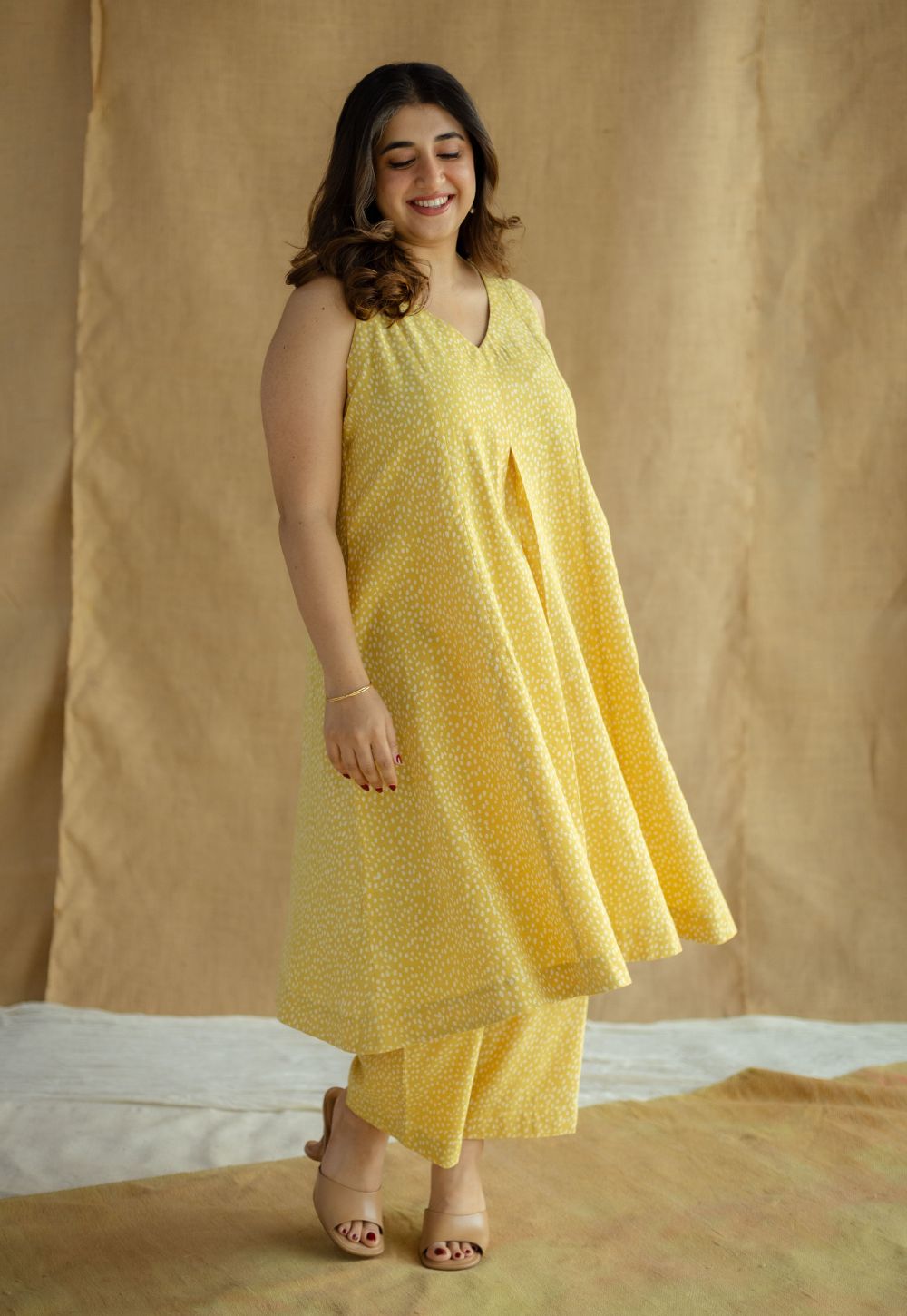 Aziza Mustard Hand Block Print Slub Cotton A Line Co-Ord Set