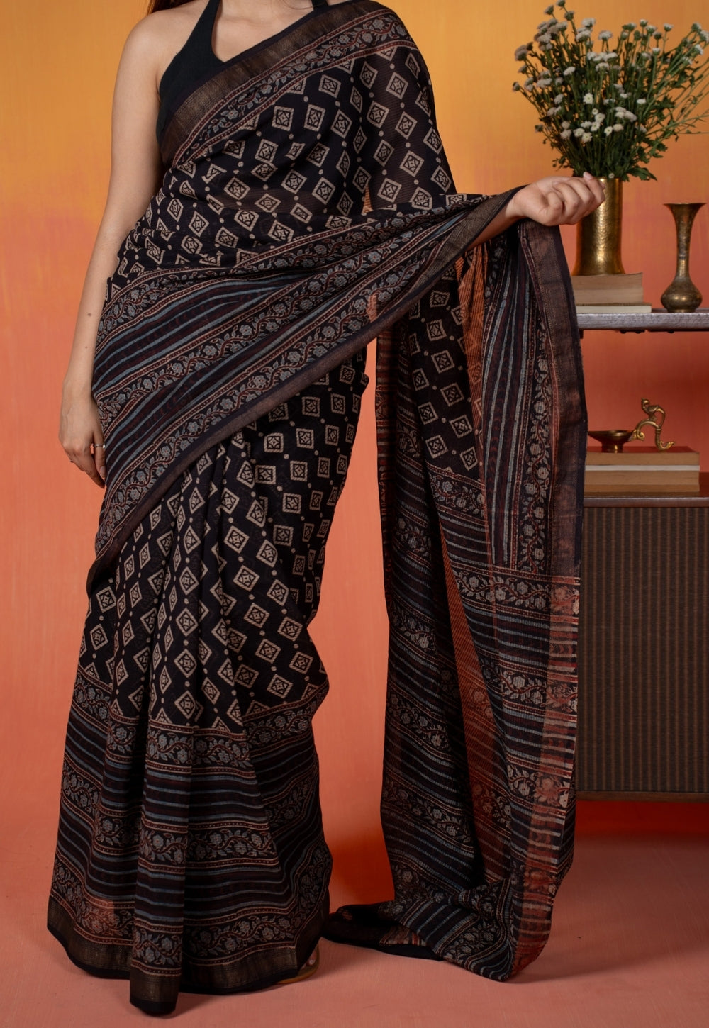 Black Aztec Ajrakh Hand Block Print Maheshwari Saree