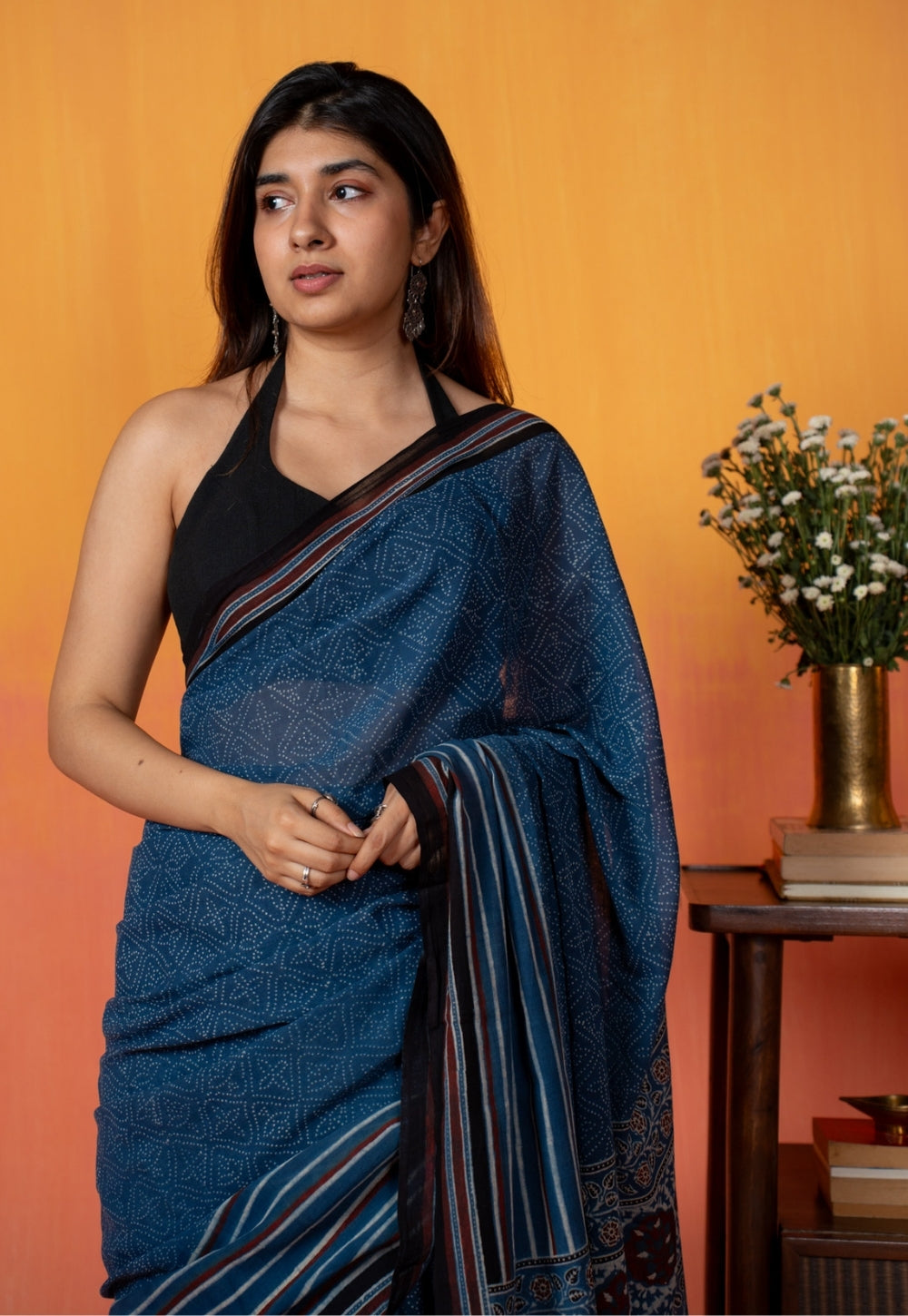 Blue Floral Ajrakh Hand Block Print Mul Saree
