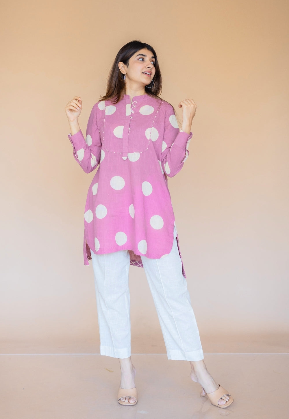 Naaz Pink Hand Block Print Slub Cotton A Line Short Top