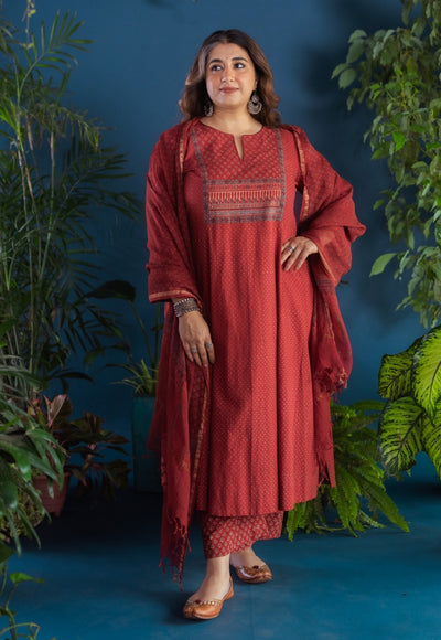 Fariha Red Ajrakh Cotton Kali Kurta with Hand Embroidery