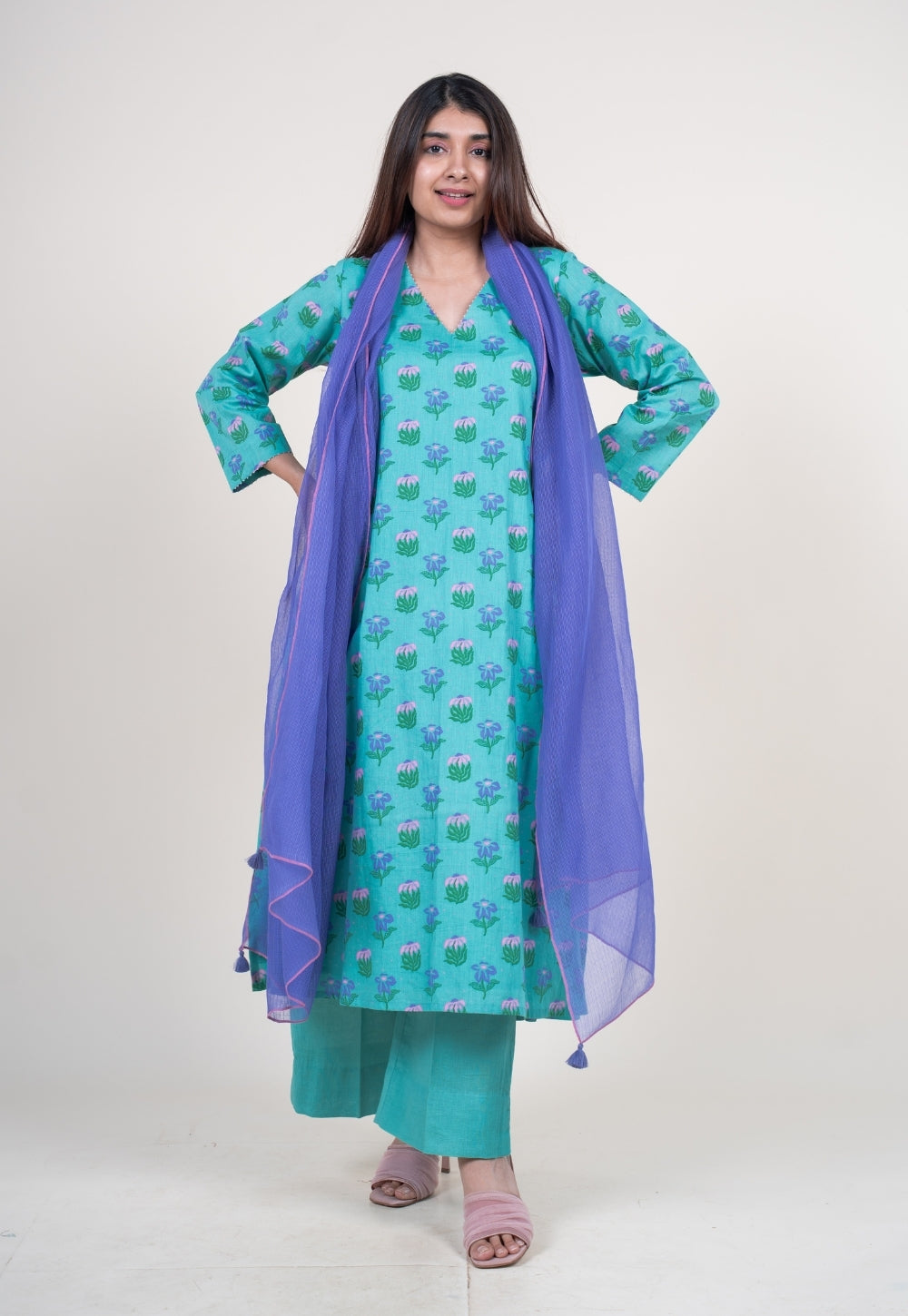 Bright Purple Solid Kota Doria Cotton Dupatta with Tassels