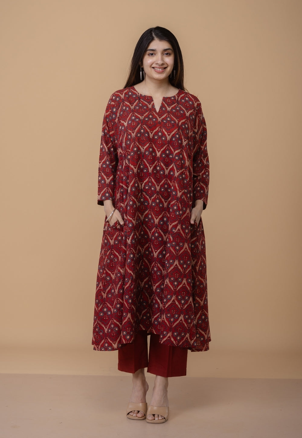 Nyra Red Ajrakh Cotton Jhabbha Kali Kurta