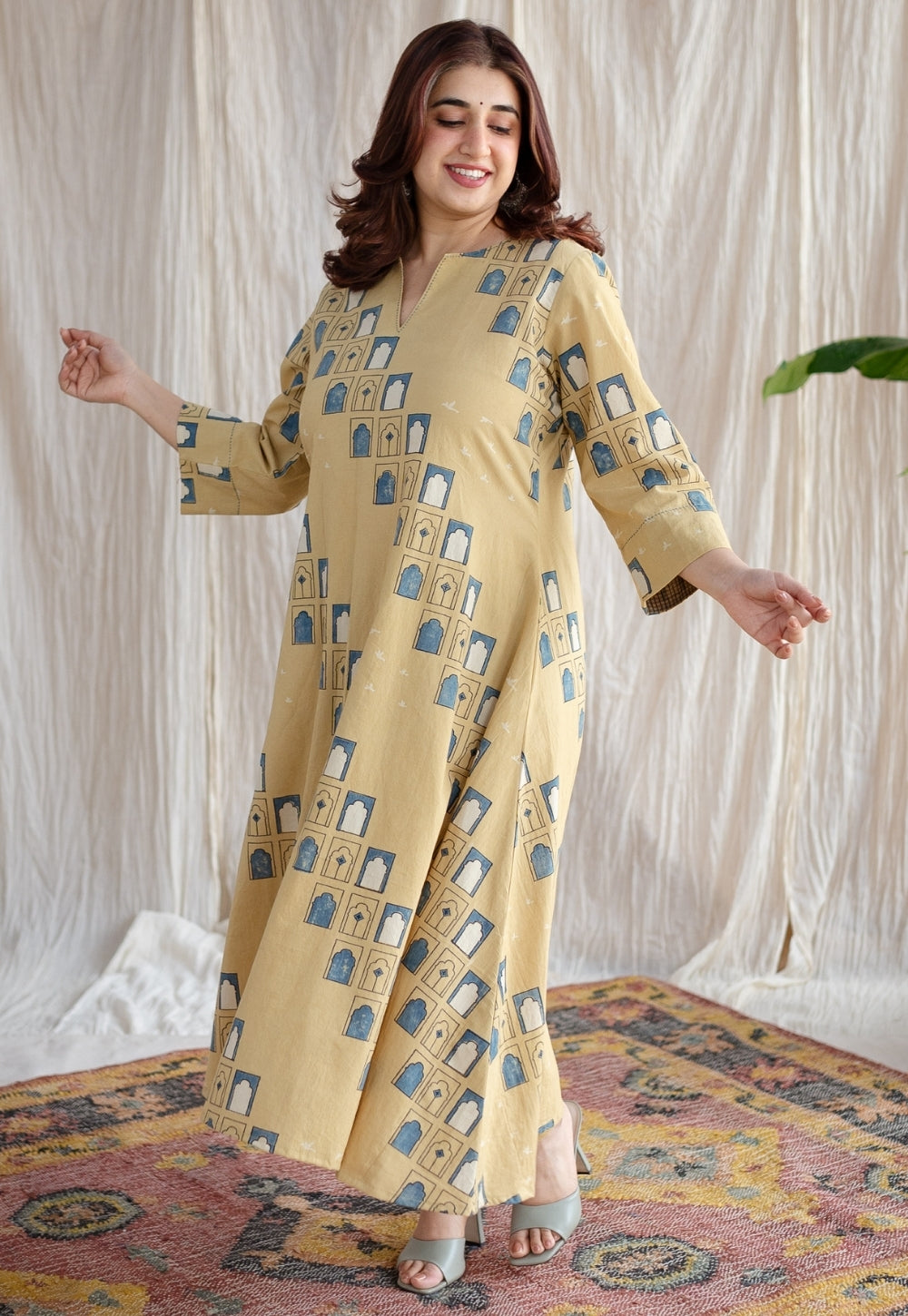 Jaipur Jharoka Ajrakh Cotton Hand Embroidered Kali Kurta