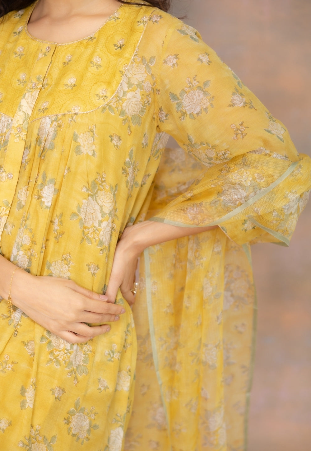 Rosa Yellow Sanganeri Kota Doria Silk Dupatta with Mukaish Embroidery