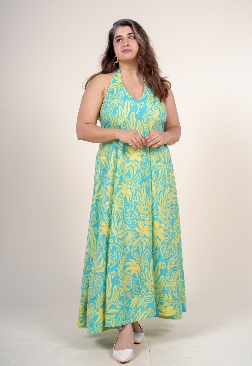 Mihira Blue Turquoise Printed Cotton A Line Dress
