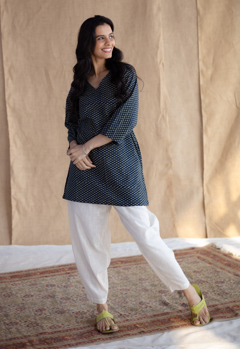 Sahar Indigo Ajrakh Cotton Straight Short Top