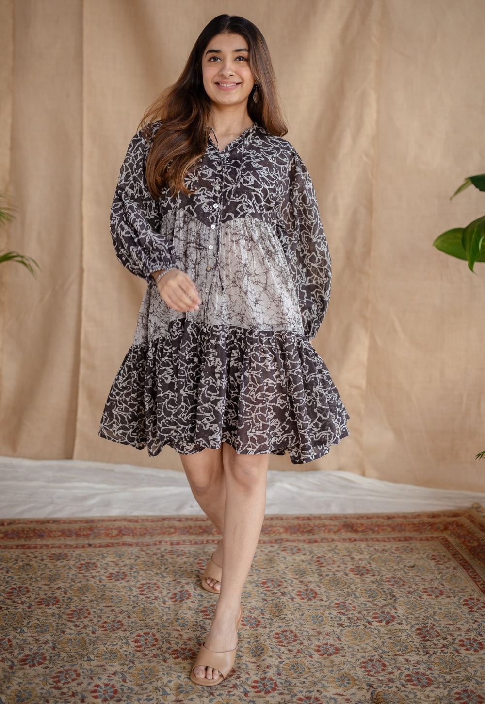 Yuvani Charcoal Batik MulMul Cotton Loose Dress with Slip