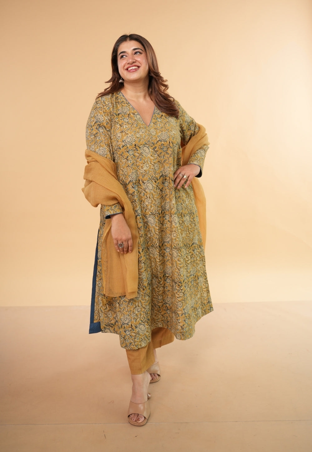 Rifaa Yellow Kalamkari Cotton A Line Kurta