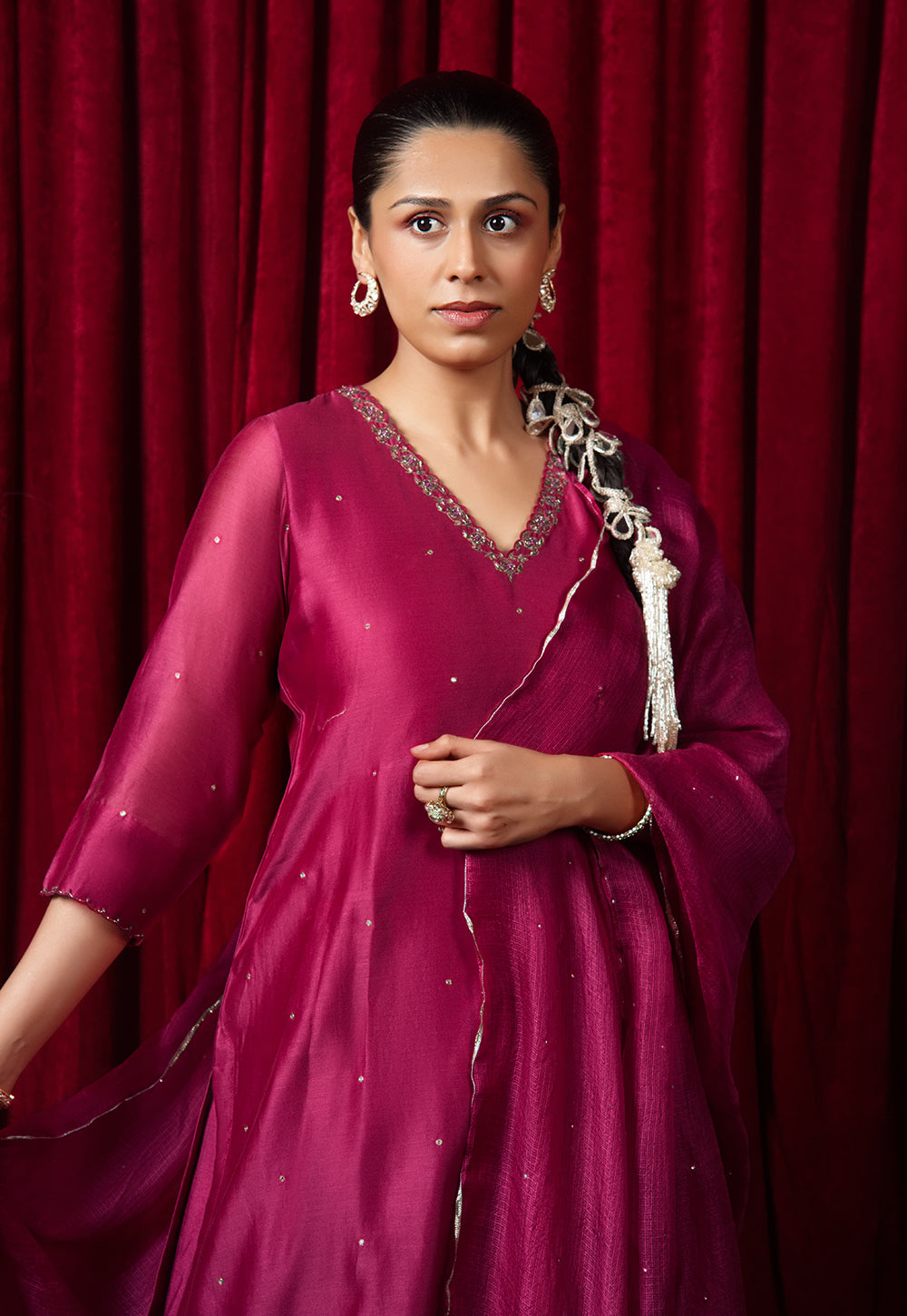Avisha Pink Solid Chanderi Straight Kurta with Hand Embroidery