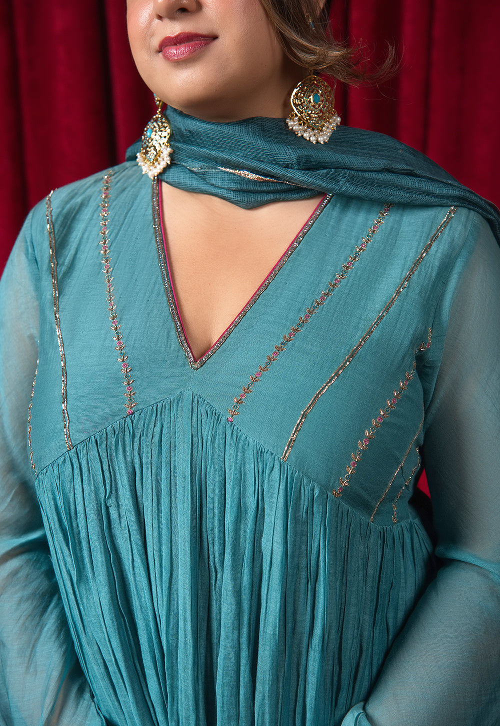 Green Solid Kota Doria Silk Dupatta with Mukaish Embroidery