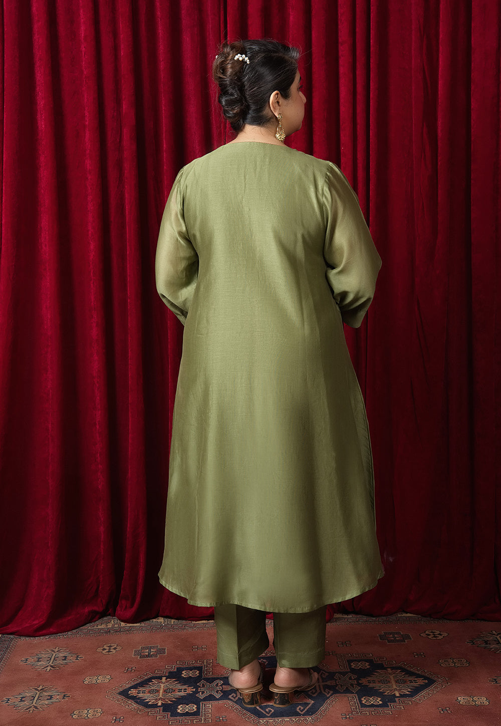 Reva Green Solid Chanderi Silk A Line Kurta with Hand Embroidery