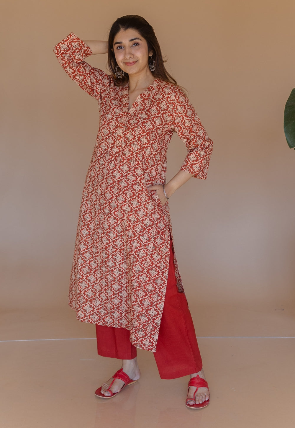Avika Red Bagru Cotton Straight Kurta Set (Set of 2)