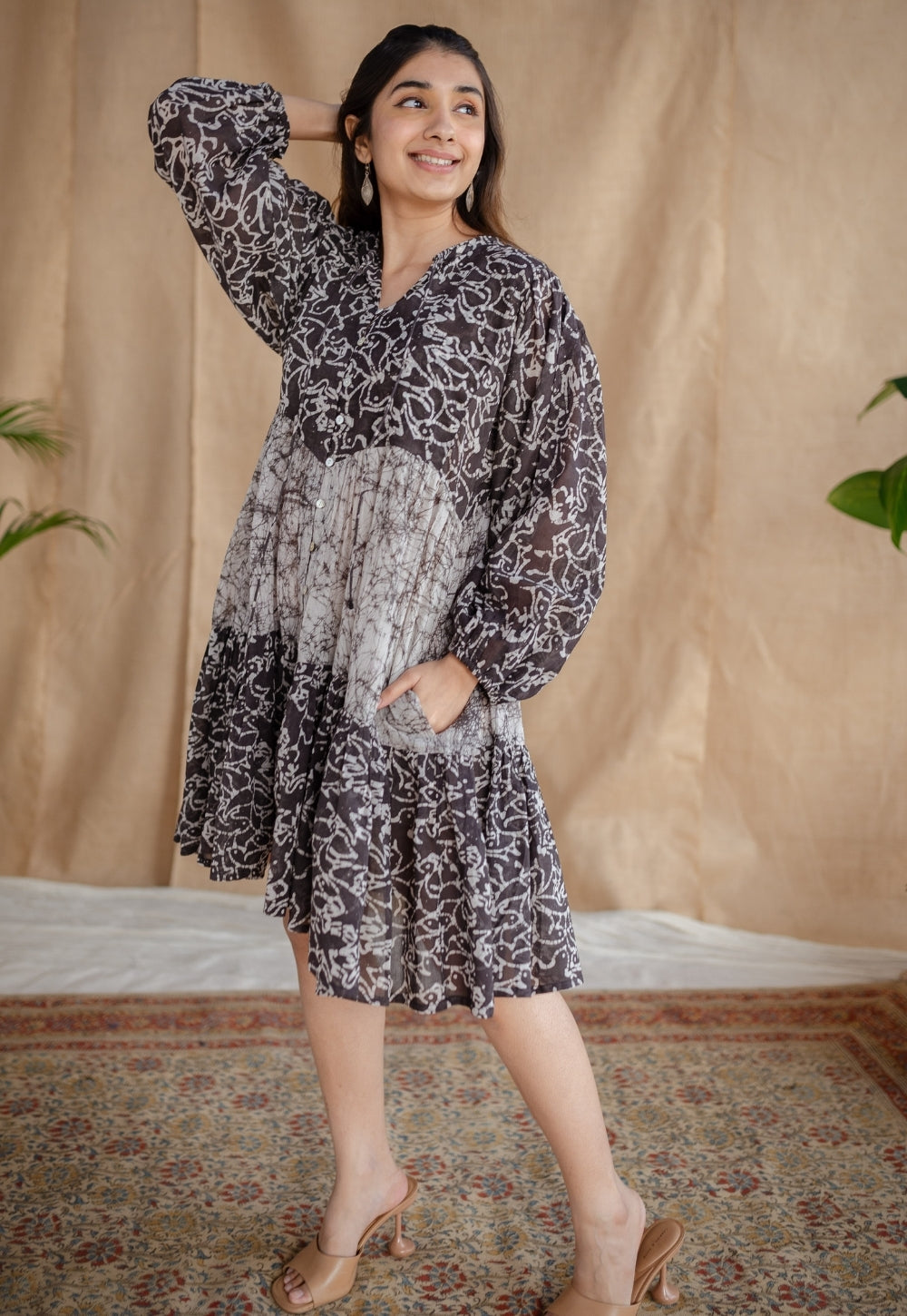 Yuvani Charcoal Batik MulMul Cotton Loose Dress with Slip