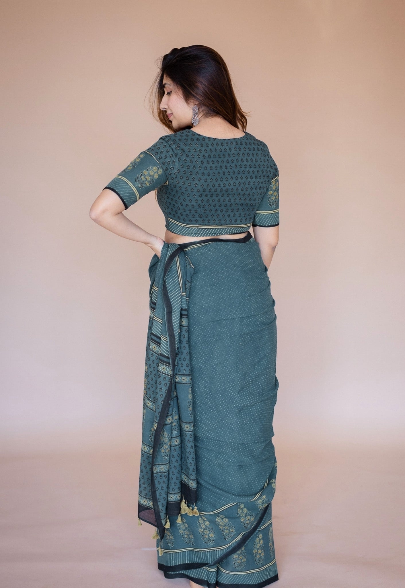 Green Floral Ajrakh Hand Block Print Mul Saree