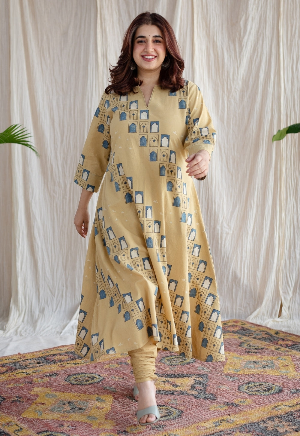 Jaipur Jharoka Ajrakh Cotton Hand Embroidered Kali Kurta