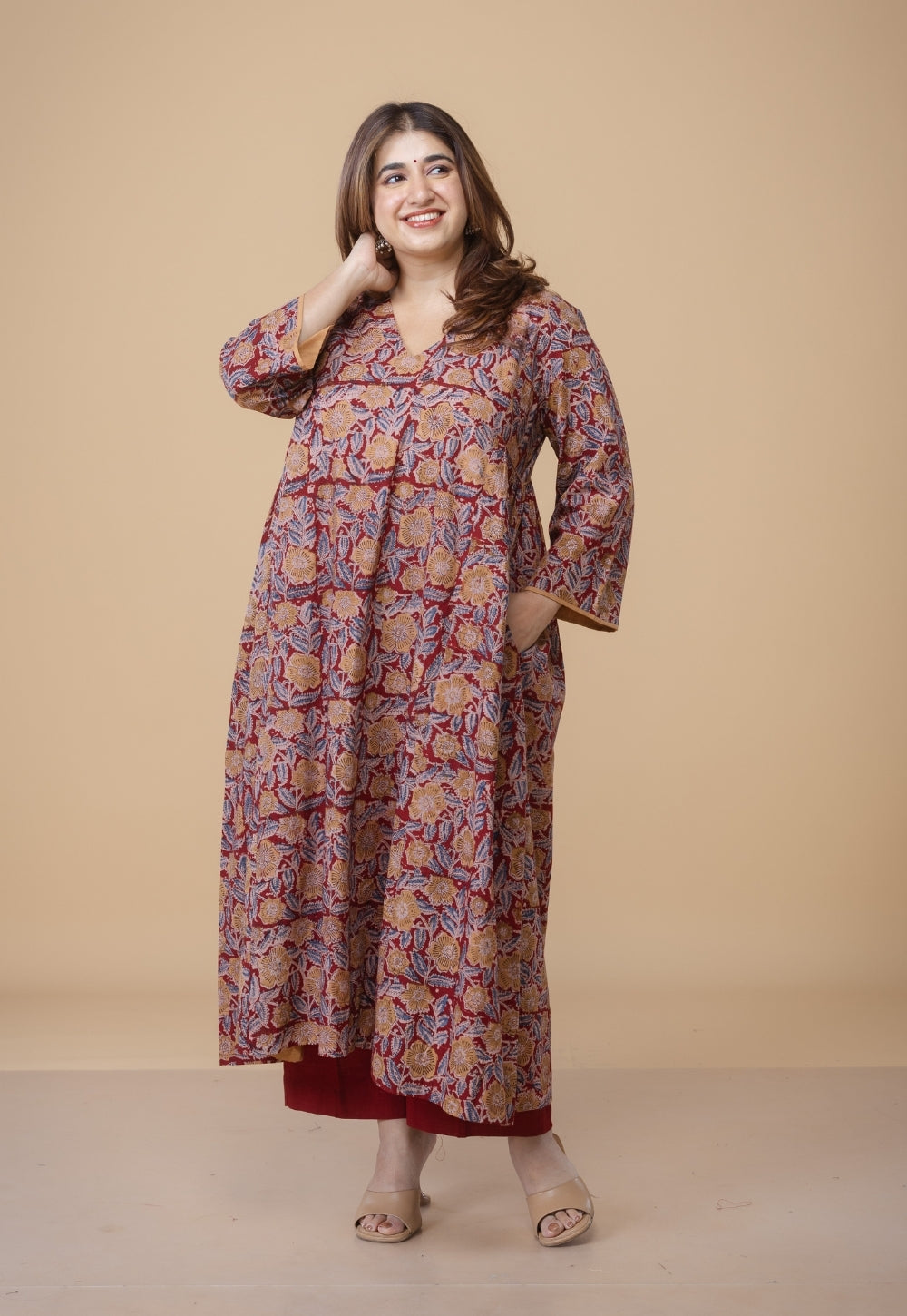 Sifra Red Kalamkari Cotton Kali Kurta