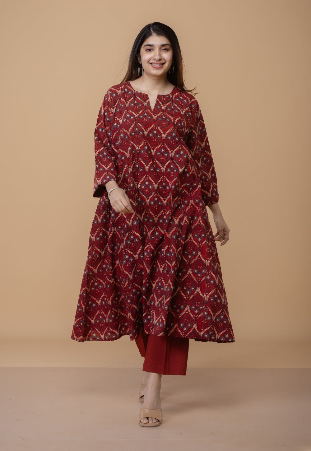 Nyra Red Ajrakh Cotton Jhabbha Kali Kurta