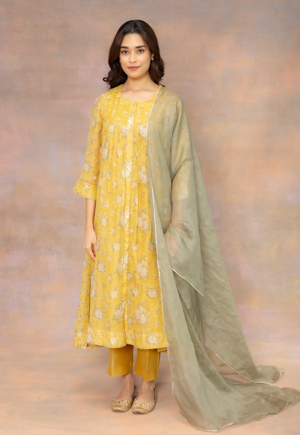 Army Green Solid Kota Doria Silk Dupatta with Mukaish Detailing