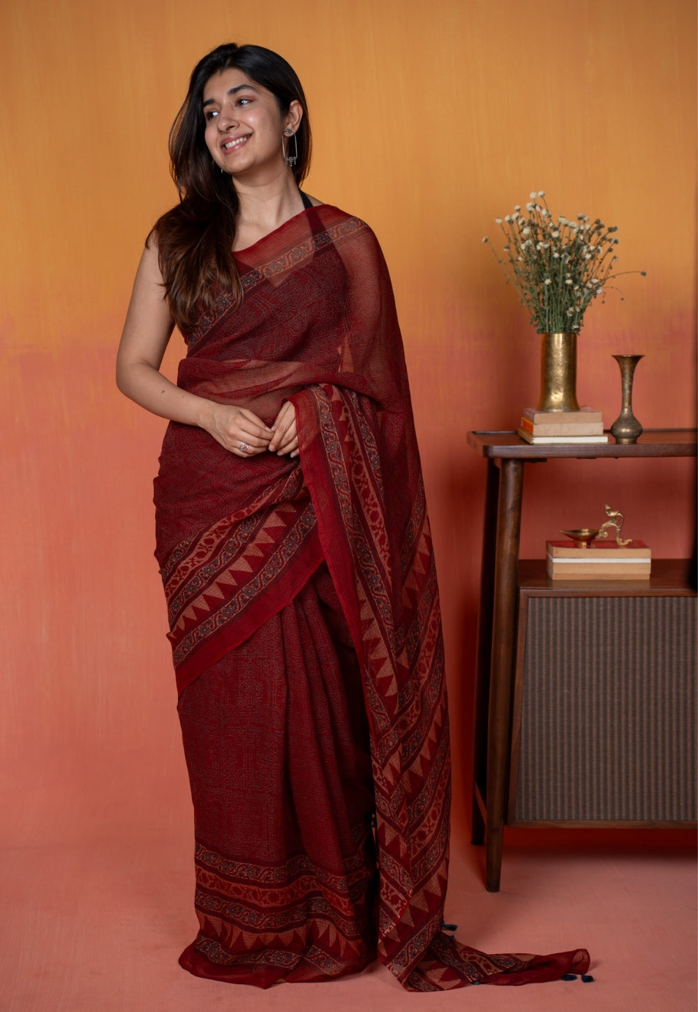 Red Tribal Ajrkah Hand Block Print Kota Doria Cotton Saree
