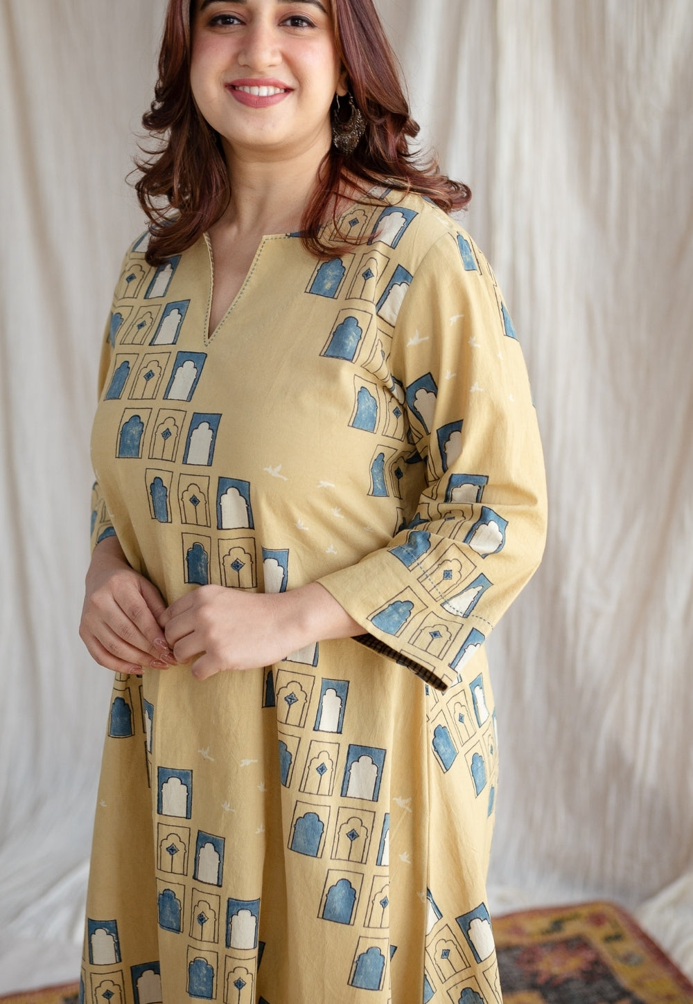 Jaipur Jharoka Ajrakh Cotton Hand Embroidered Kali Kurta