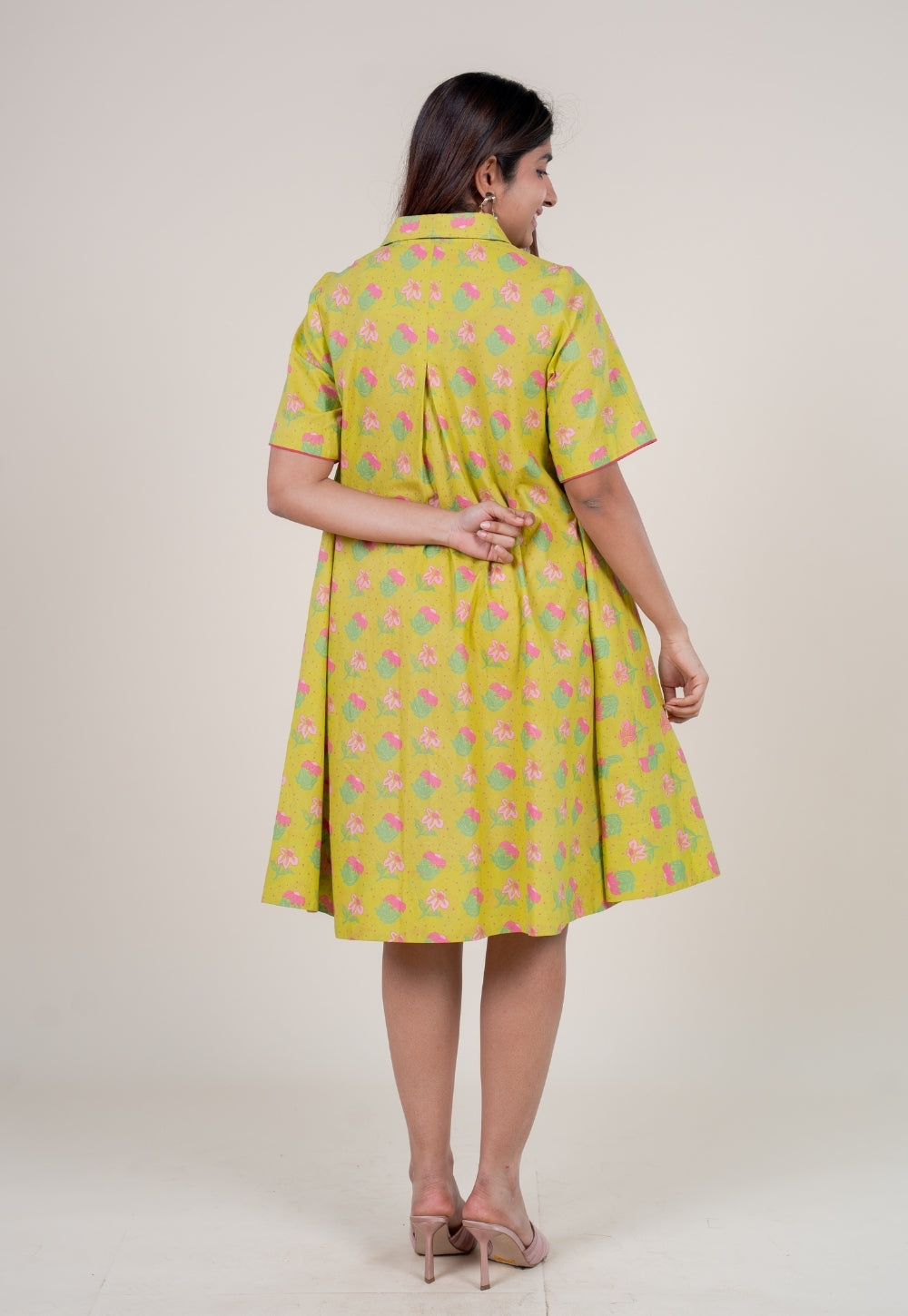 Srisha Lime Green Printed Cotton A Line Dress