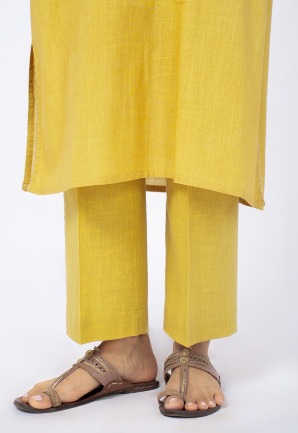 Zeenat Yellow Solid Slub Cotton Straight Kurta Suit Set with Solid Dupatta (Set of 3)