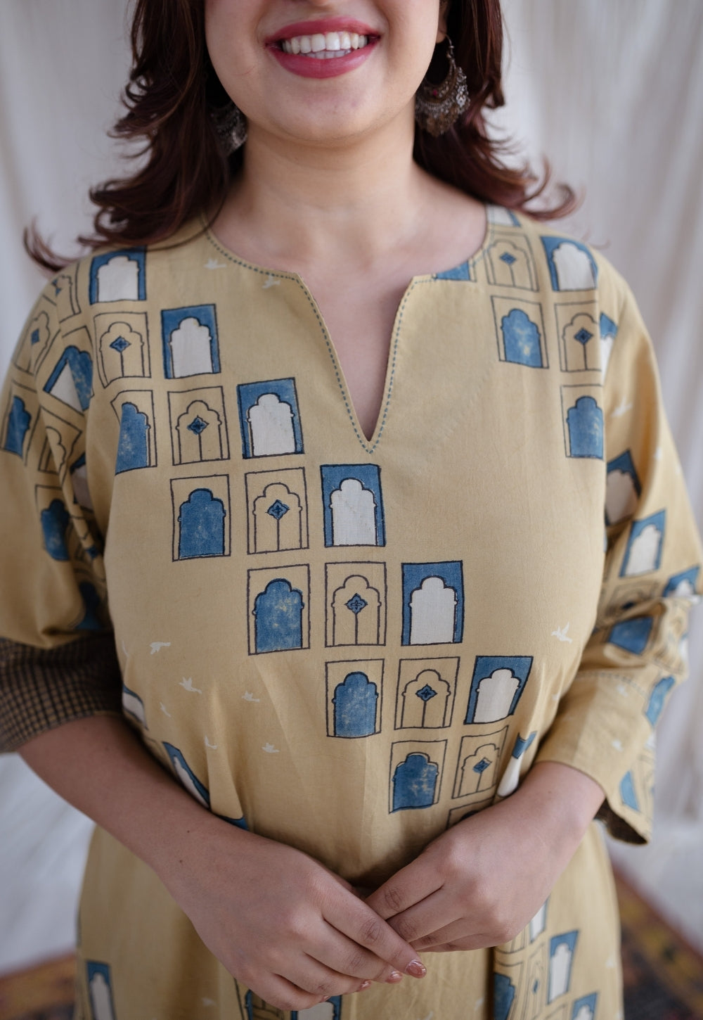 Jaipur Jharoka Ajrakh Cotton Hand Embroidered Kali Kurta