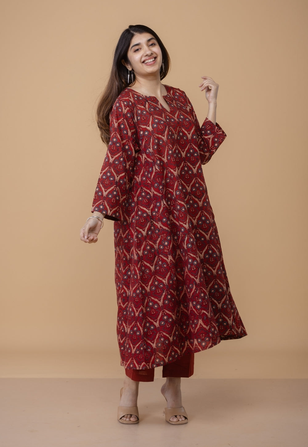 Nyra Red Ajrakh Cotton Jhabbha Kali Kurta