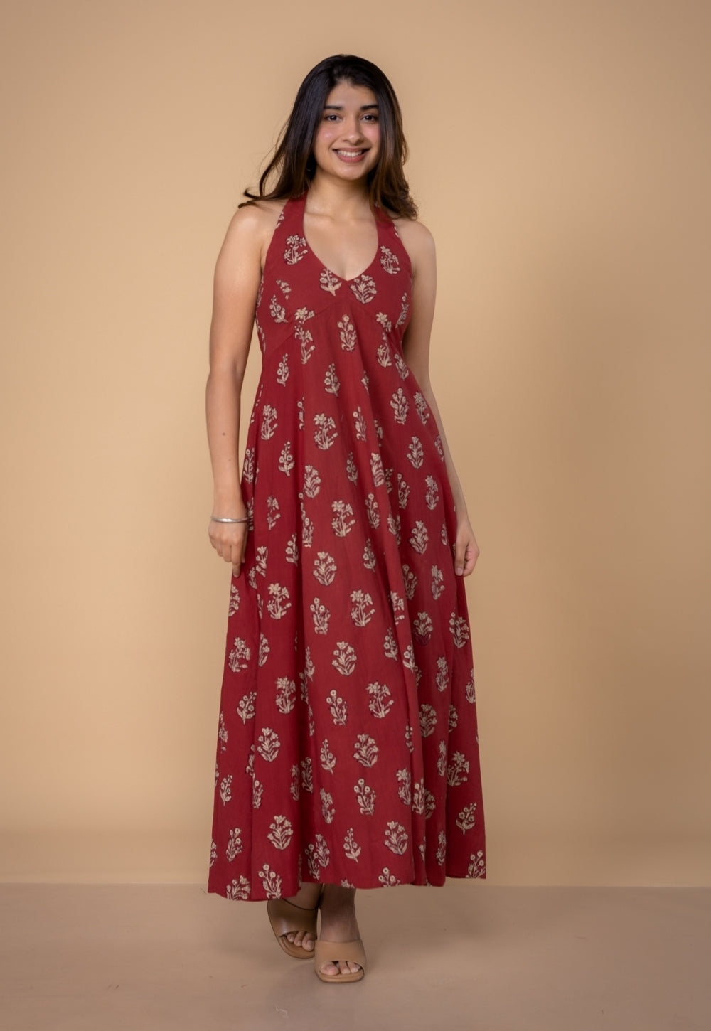 Sanyukta Red Dabu Slub Cotton A Line Dress