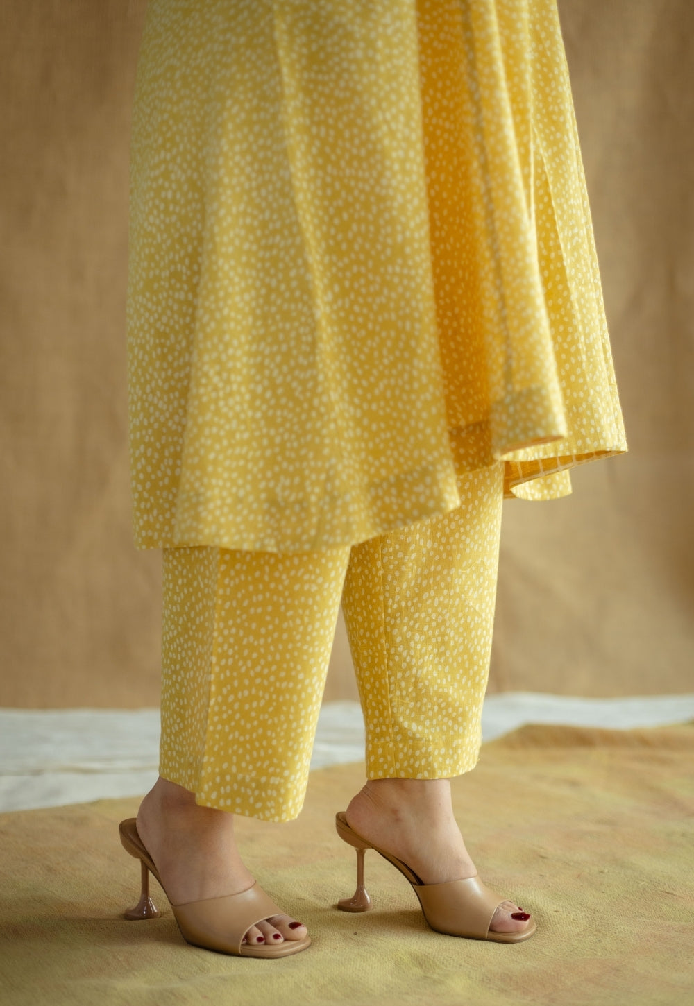 Yashi Mustard Hand Block Print Slub Cotton Straight Pant